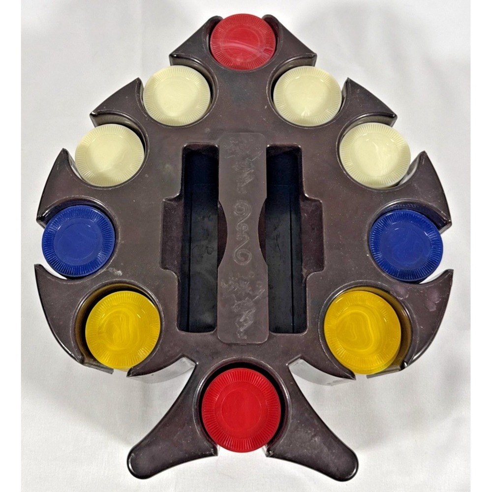 Vintage Bakelite Spade Poker Chip Caddy Holder Set Brown Marbled Jester Spinning